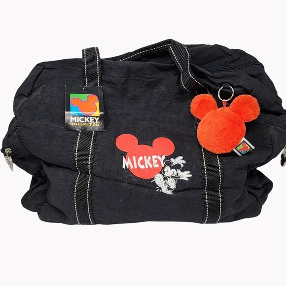 Disney Mickey Mouse Unlimited Vintage 90s Black Duffle Bag Plush Keychain New - Picture 2 of 12